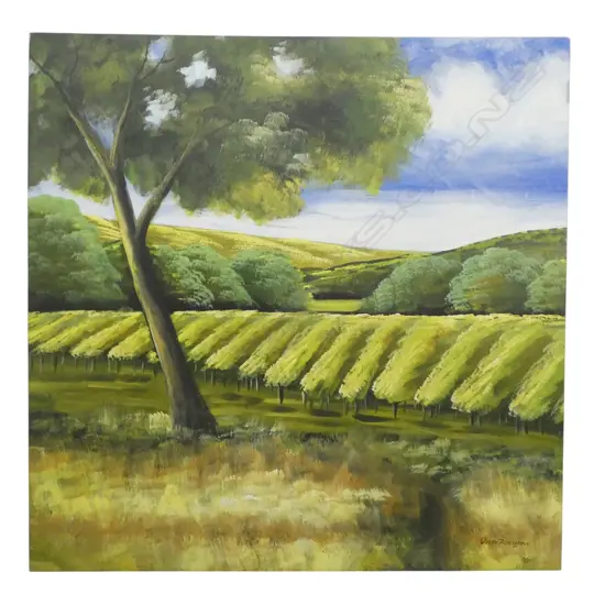PETER PETTIGREW, VINEYARD LANDSCAPE, ACRYLIC ON CANVAS 700x700mm