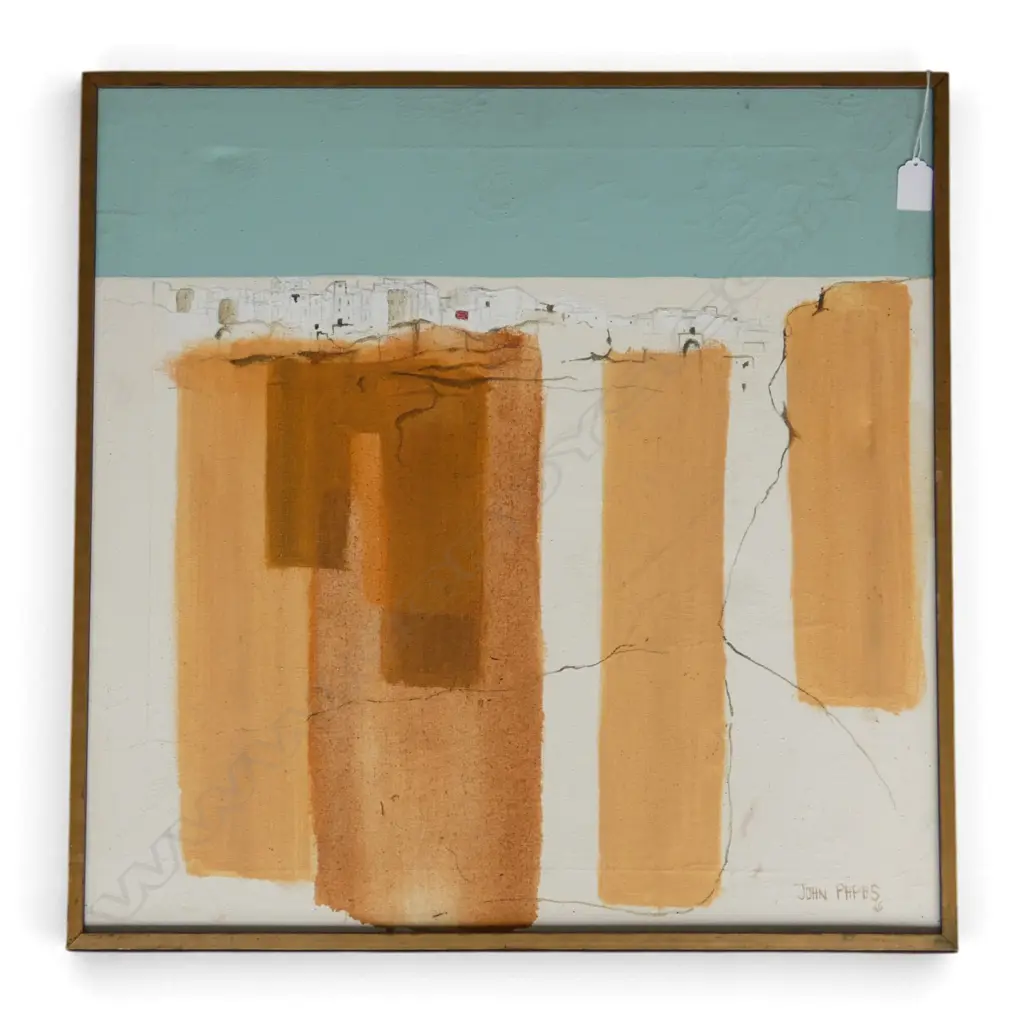 JOHN PAPAS, ABSTRACT LANDSCAPE, OIL ON CANVAS, SIGNED & DATED '66 590x590mm surface cracking / impact marks Image 1++