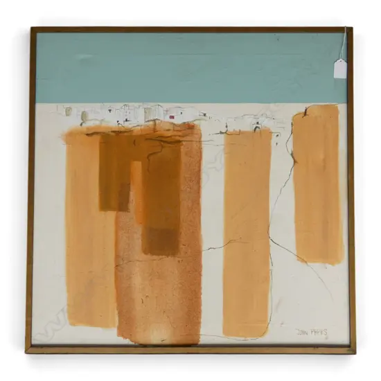 JOHN PAPAS, ABSTRACT LANDSCAPE, OIL ON CANVAS, SIGNED & DATED '66 590x590mm surface cracking / impact marks