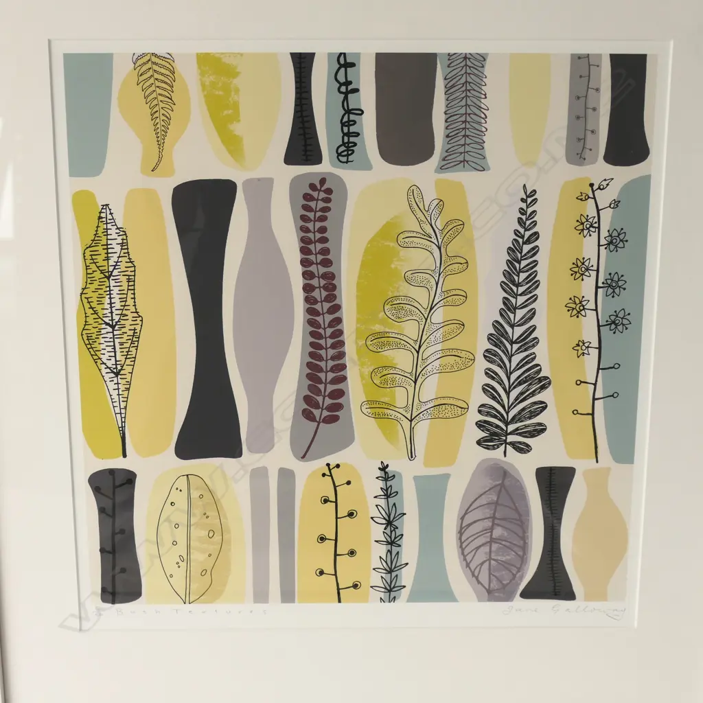 JANE GALLOWAY, 2 EDITIONED PRINTS, BEACH GRASSES 25/50 & BUSH TEXTURES 16/50, 370x360mm Image 1++