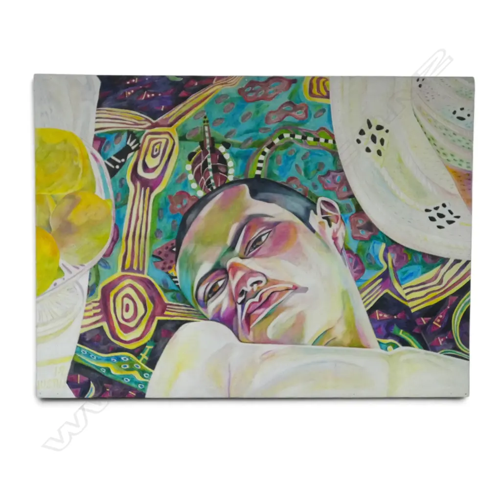 JO SMITH 'JUSTIN (LEMONS, SUNHAT AND SARONG)' OIL ON BOARD, 1991 1200x1625mm  Image 1++
