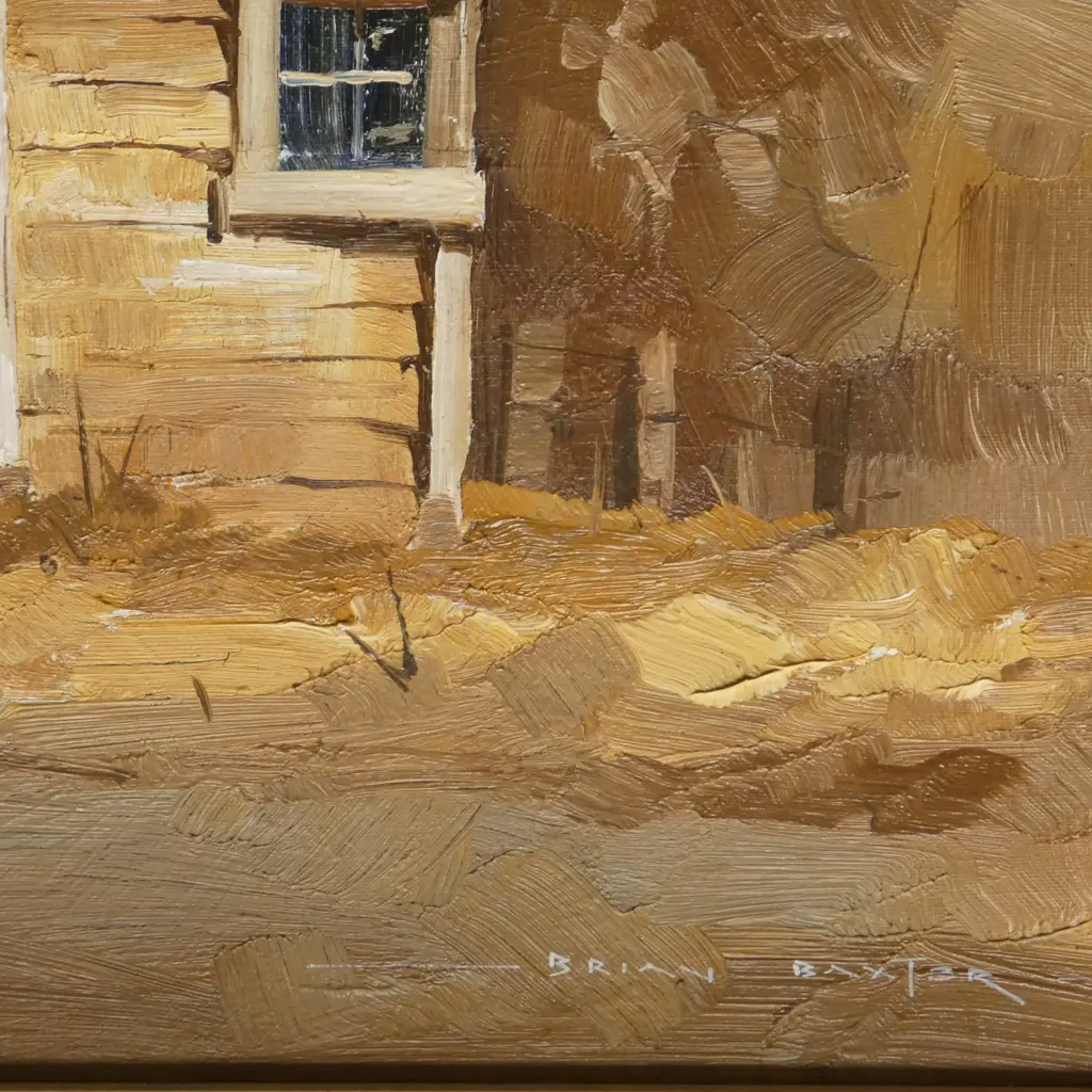 BRIAN BAXTER, TWO PAINTINGS 'DERELICIT FARM COTTAGE', 'DRUID HALL', OIL ON CANVASBOARD, 440 X 590MM & 290 X 445MM   Image 1++