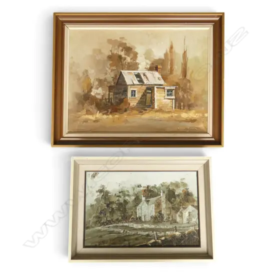 BRIAN BAXTER, TWO PAINTINGS 'DERELICIT FARM COTTAGE', 'DRUID HALL', OIL ON CANVASBOARD, 440 X 590MM & 290 X 445MM  