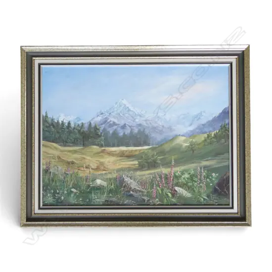 ANNE DREW 'FOXGLOVES MT COOK', OIL ON BOARD, SIGNED, 450 X 600mm