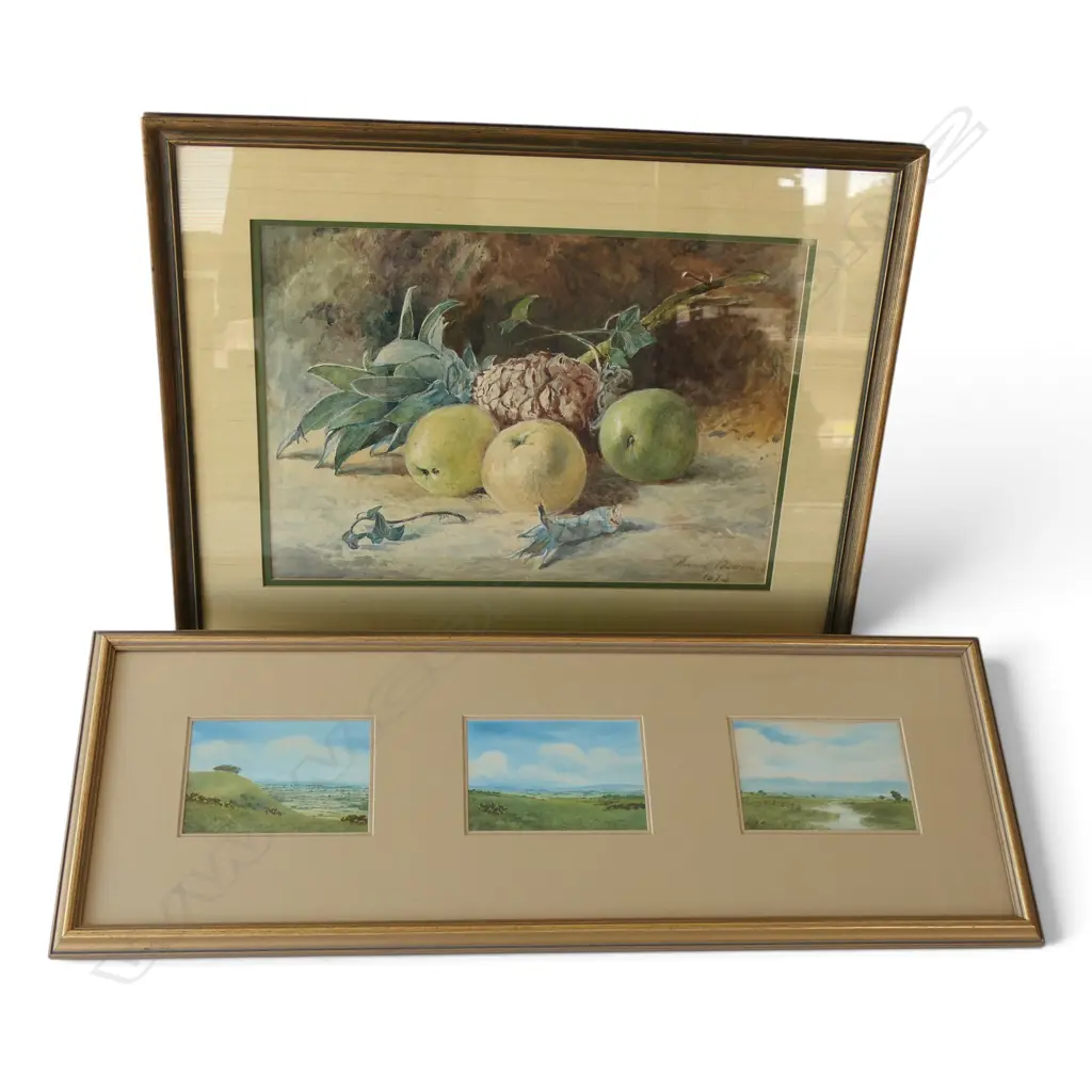 ANNIE BEAUMONT, 'PINE APPLE AND APPLES 1876', WATERCOLOUR 295 X 420MM & E. WILLIS, 3 WATERCOLOURS OF SUSSEX, 90 X 140 MM Image 1++