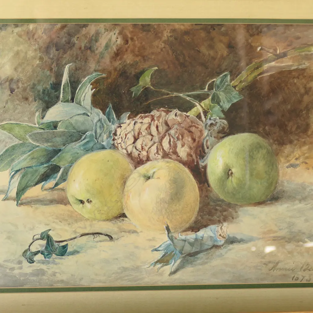 ANNIE BEAUMONT, 'PINE APPLE AND APPLES 1876', WATERCOLOUR 295 X 420MM & E. WILLIS, 3 WATERCOLOURS OF SUSSEX, 90 X 140 MM Image 1++