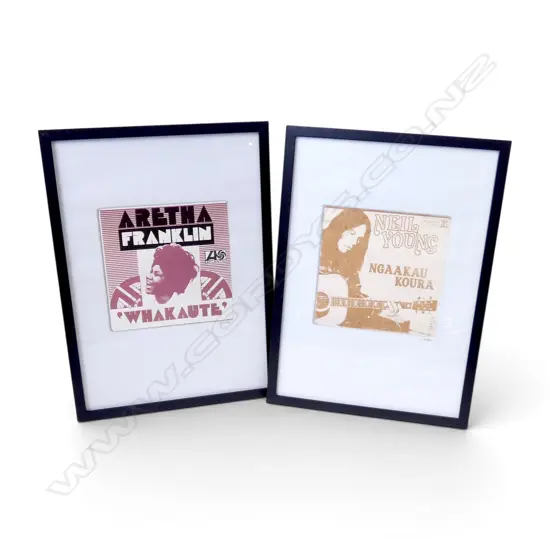 2 FRAMED PRINTS OF NEIL YOUNG & ARETHA FRANKLIN w. Heart of Gold & Respect in Te Reo Maori, signed 'KAYE' 'CJM', 410x285