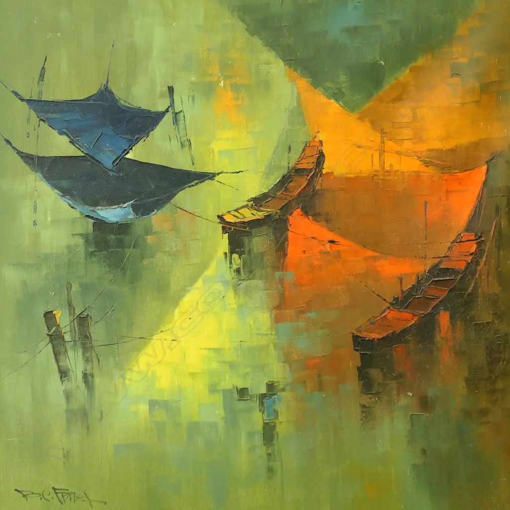 SIGNED ILLEGIBLY LOWER LEFT, FISHING NETS AND BOATS, OIL ON CANVAS, 750 X 750mm Image 1++