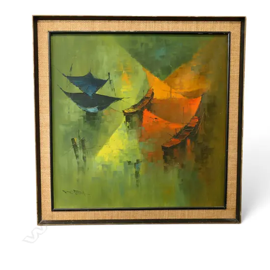SIGNED ILLEGIBLY LOWER LEFT, FISHING NETS AND BOATS, OIL ON CANVAS, 750 X 750mm