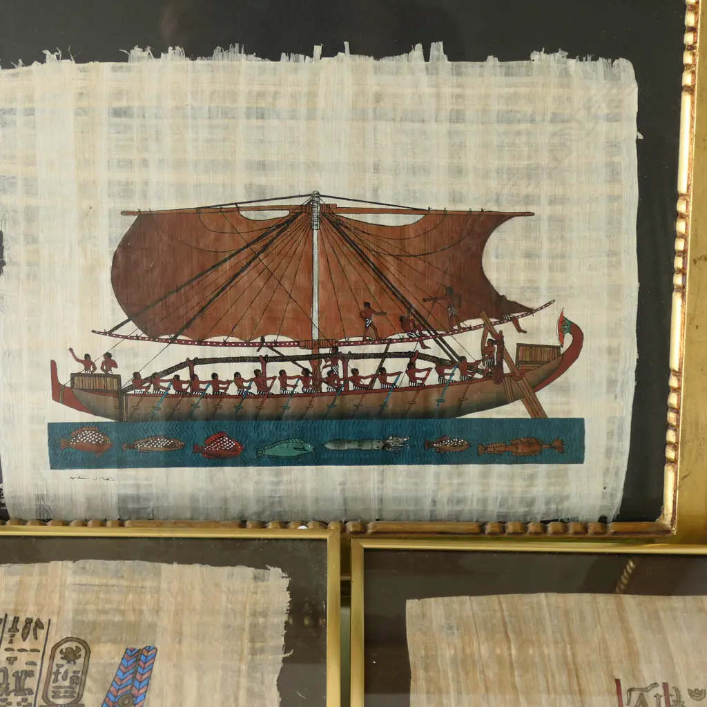 THREE EGYPTIAN PAPYRUS WORKS, ONE IN GOLD PAINTED EGYPTIAN STYLE FRAME (500 X 600MM overall) Image 1++