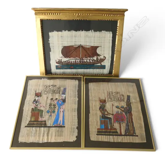 THREE EGYPTIAN PAPYRUS WORKS, ONE IN GOLD PAINTED EGYPTIAN STYLE FRAME (500 X 600MM overall)