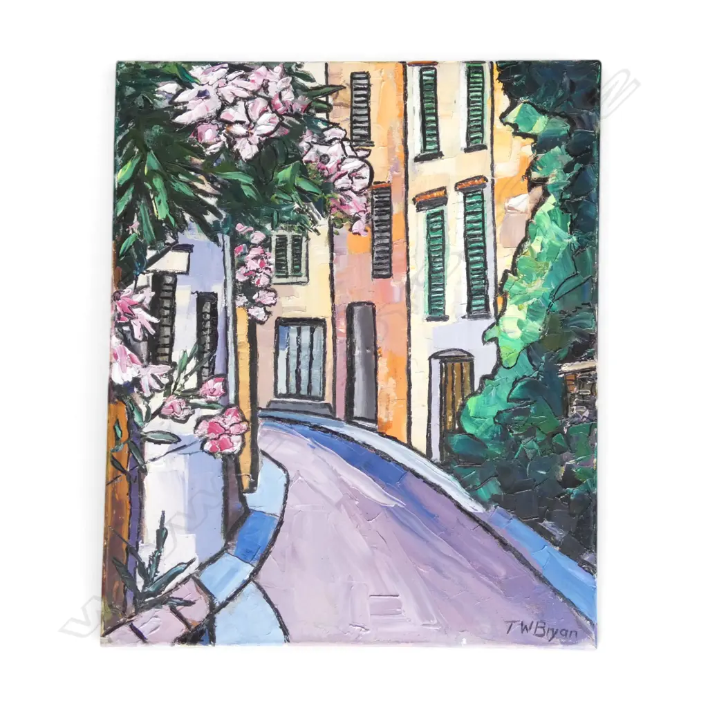 T W BRYAN 'ST LORGUES' ACRYLIC ON CANVAS 600x500mm holes in canvas Image 1++