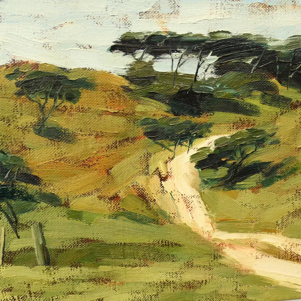 R. COLE 'SOUTH KAIPARA FARM; TRACK TO MURIWAI BEACH' OIL ON CANVAS '06 305x355mm Image 1++