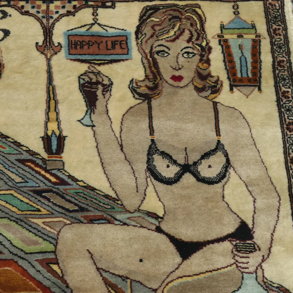 HAND KNOTTED WOOL PILE PICTURE RUG "HAPPY LIFE" wear to edges 1060x630MM Image 1++