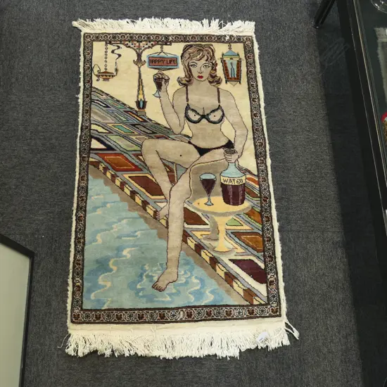 HAND KNOTTED WOOL PILE PICTURE RUG "HAPPY LIFE" wear to edges 1060x630MM