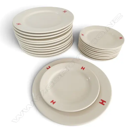 WHITE TUXTON 'H' DINNER CHINA; 12 DINNER PLATES, 9 SIDE PLATES Dia.285mm