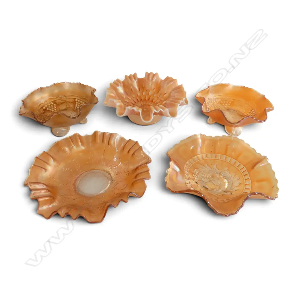5 FOOTED CARNIVAL GLASS BOWLS DIA 230MM LARGEST  Image 1++