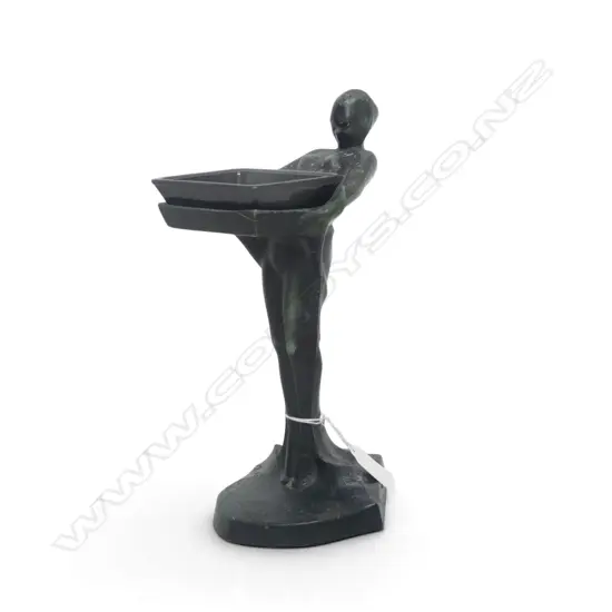 ART DECO STYLE ASH TRAY figure holding black glass tray H.240mm