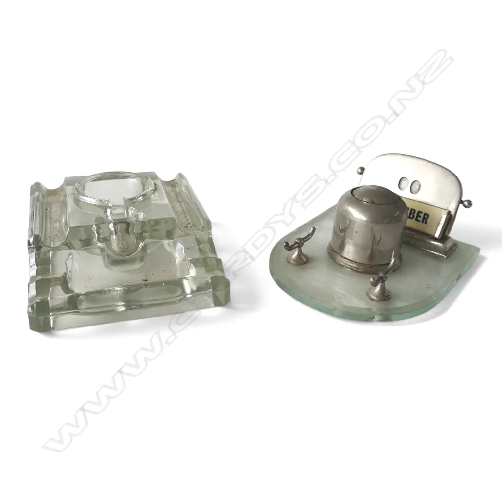 ART DECO PERPETUAL CALENDAR INKWELL PEN STAND, & GLASS INKWELL PENSTAND, W.110mm L.140mm Image 1++