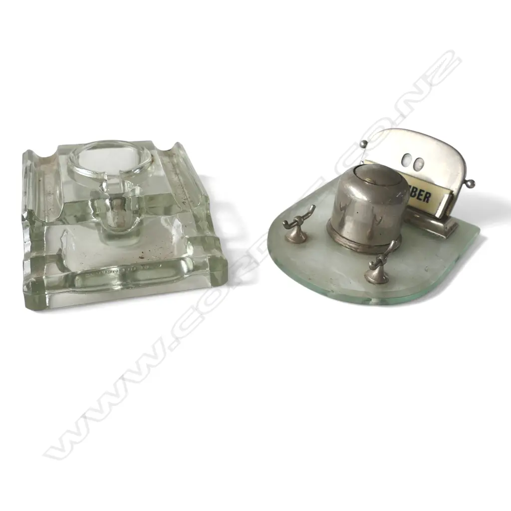 ART DECO PERPETUAL CALENDAR INKWELL PEN STAND, & GLASS INKWELL PENSTAND, W.110mm L.140mm Image 1++