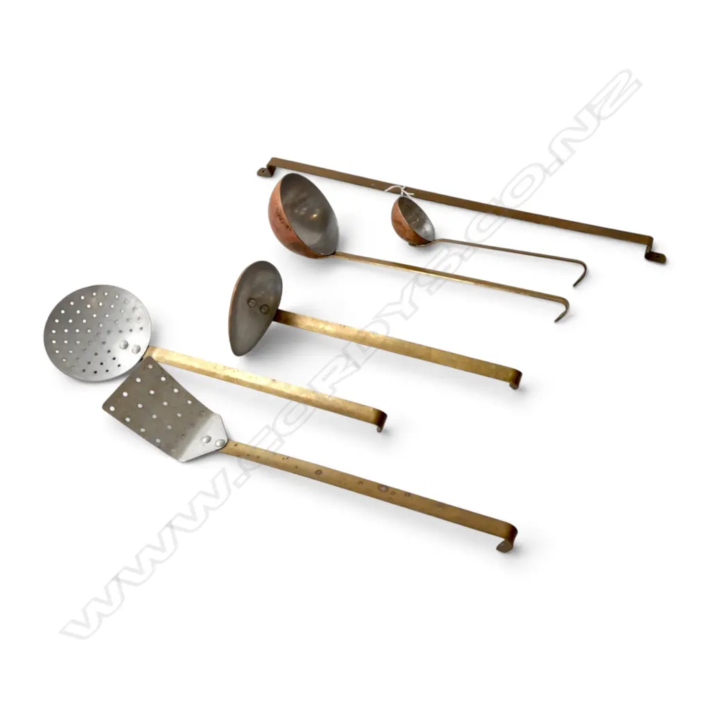 5 VINTAGE COPPER & BRASS KITCHEN UTENSILS with brass wall mounting hanger. Image 1++