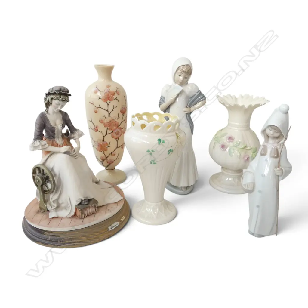 3 FIGURINES; LLADRO, NAO GIRL w. FAN H.270mm, G. ARMANI + 3 VASES (2 BELLEEK + GLASS) Image 1++