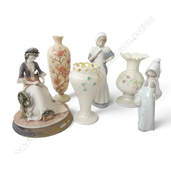 3 FIGURINES; LLADRO, NAO GIRL w. FAN H.270mm, G. ARMANI + 3 VASES (2 BELLEEK + GLASS)