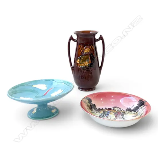 GRIMWADES 'MAORI WARE' BOWL 230mm dia, ROYAL DOULTON FALSTAFF VASE (REPAIRED) H.270mm, GERMAN COMPORT