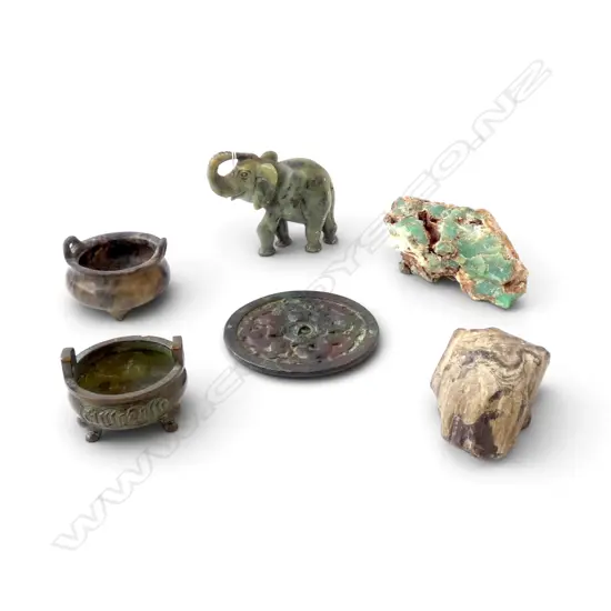6 ITEMS; 2 ORIENTAL BRONZE INCENSE BURNERS, 2 MINERAL STONES, JADE ELEPHANT, BRONZE DISK 125mm dia