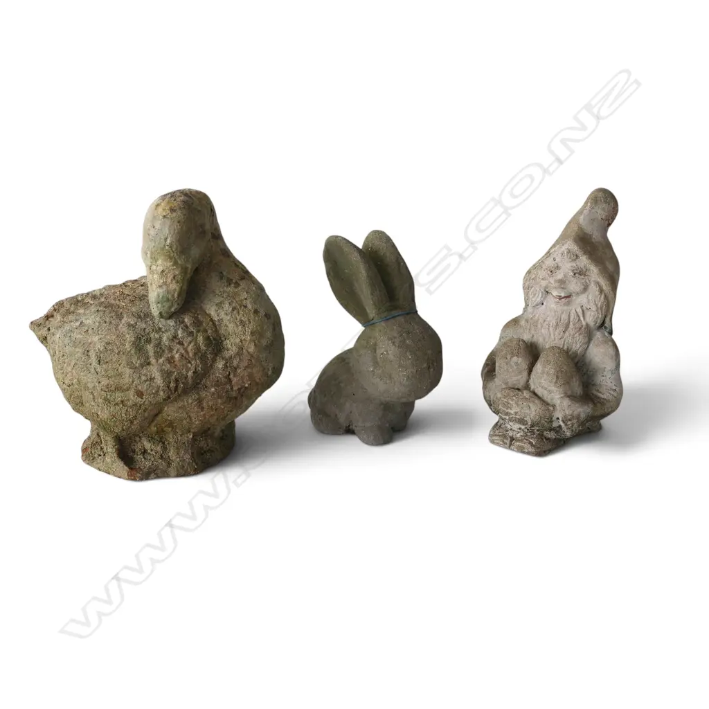 3 GARDEN ORNAMENTS; DUCK, GNOME, BUNNY RABBIT (hairline) H.250mm Image 1++