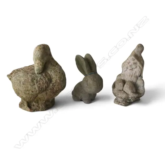 3 GARDEN ORNAMENTS; DUCK, GNOME, BUNNY RABBIT (hairline) H.250mm
