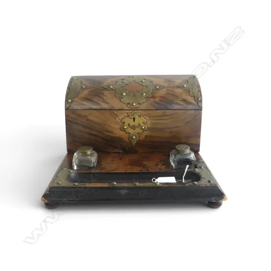 ANTIQUE DESK STAND w. ink wells & brass mounts, some wear W.300mm