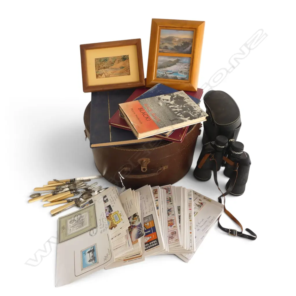 STAMP ALBUMS, FIRST DAY COVERS, PR BINOCULARS ETC ALL IN OLD HAT BOX Image 1++