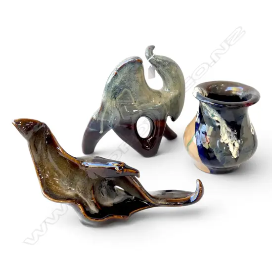3 CERAMICS; CAMEL, BIRD, FERN COAST POTTERY VASE H.275mm
