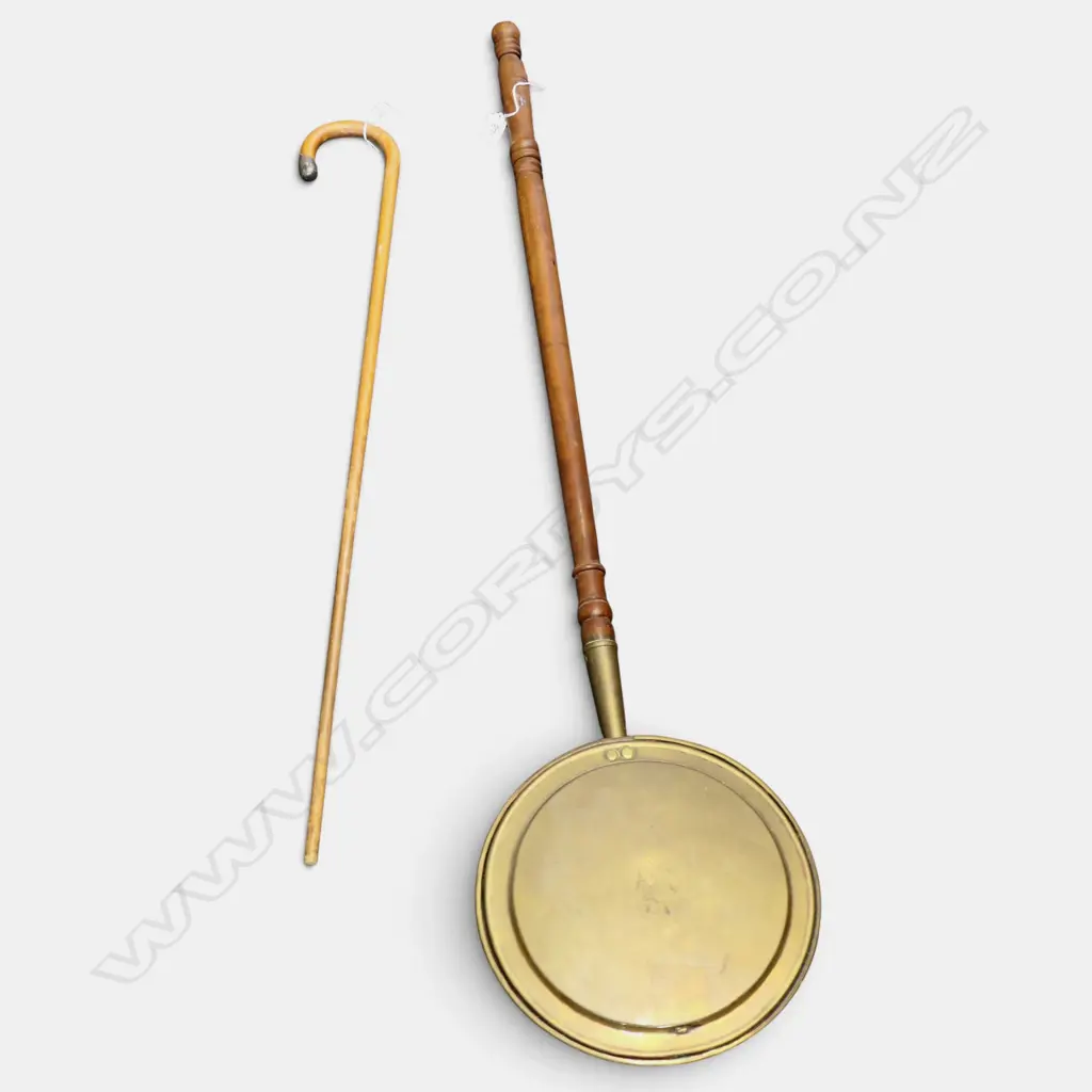 VICTORIAN BRASS BED WARMING PAN long turned handle + walking stick w silver end Image 1++