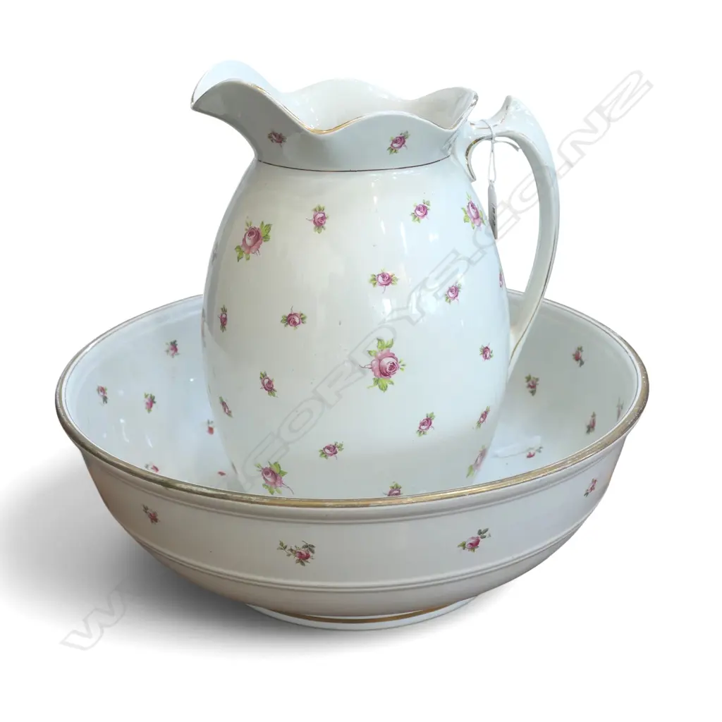 c.1900 ENGLISH STOKE ON TRENT CERAMIC TOILET JUG & BASIN with small red rose repeating motif Image 1++