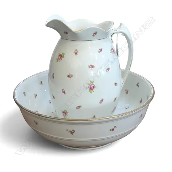c.1900 ENGLISH STOKE ON TRENT CERAMIC TOILET JUG & BASIN with small red rose repeating motif