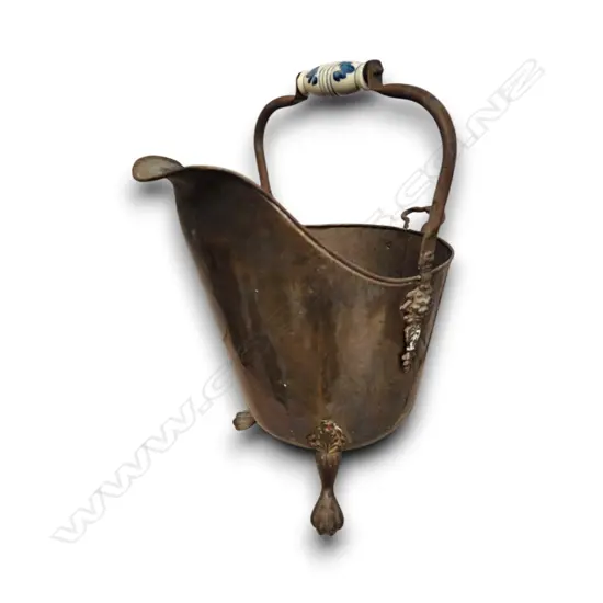 BRASS COAL SCUTTLE WITH DELFT CERAMIC HANDLE