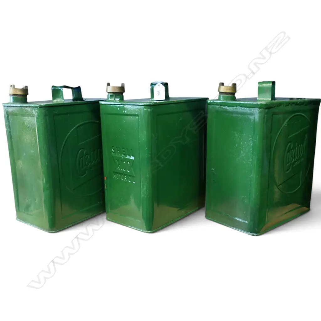 3 GREEN PAINTED CASTROL PETROL CANS H.320mm Image 1++