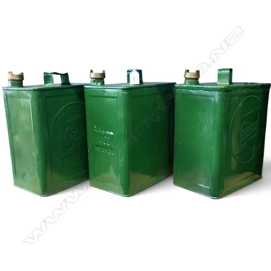 3 GREEN PAINTED CASTROL PETROL CANS H.320mm