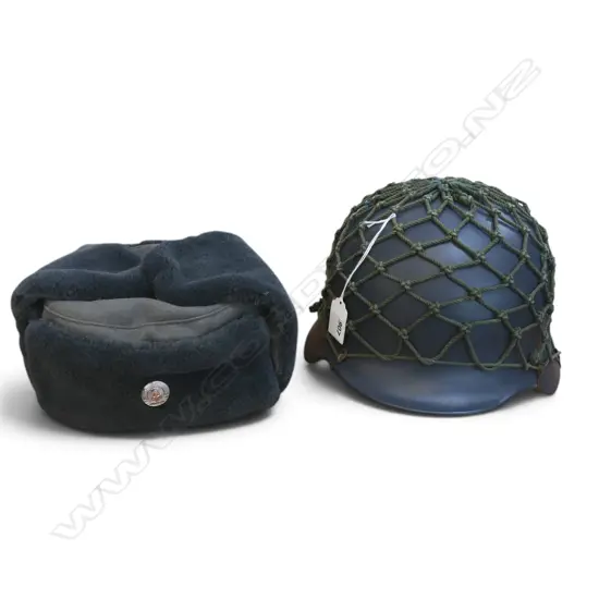 MILITARY HELMET & GERMAN FAUX FUR HAT