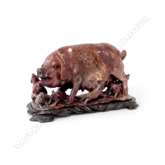 ORIENTAL CARVED SOAP STONE PIG & PIGLETS W.250mm