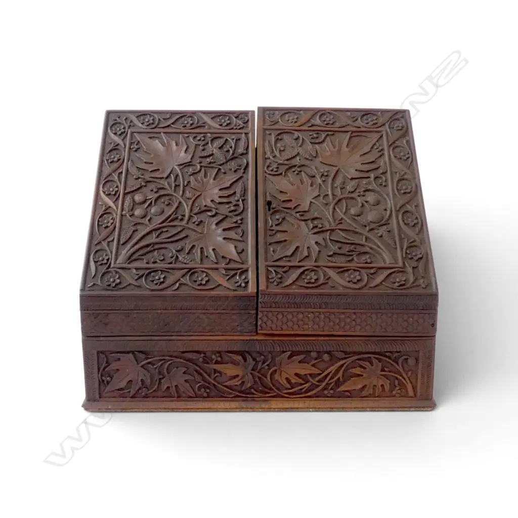 ANTIQUE CARVED OAK WRITING COMPENDIUM leaf & floral carved relief pattern 355x185x300mm Image 1++