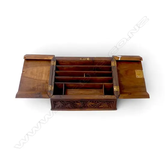 ANTIQUE CARVED OAK WRITING COMPENDIUM leaf & floral carved relief pattern 355x185x300mm