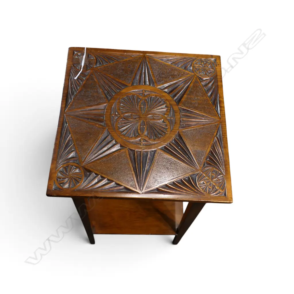 EARLY 20thC NZ CHIP ART CARVED KAURI SIDE TABLE Square top w lower shelf. H.775mm. Image 1++