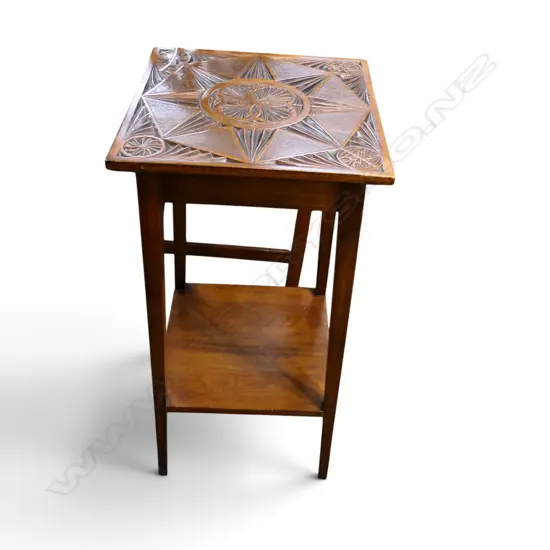 EARLY 20thC NZ CHIP ART CARVED KAURI SIDE TABLE Square top w lower shelf. H.775mm.