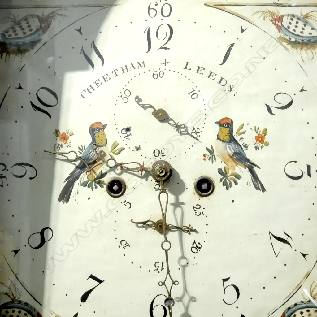 ANTIQUE MAHOGANY LONG CASE CLOCK Cheetham & Leeds painted dial, pediment faults H.2280mm Image 1++