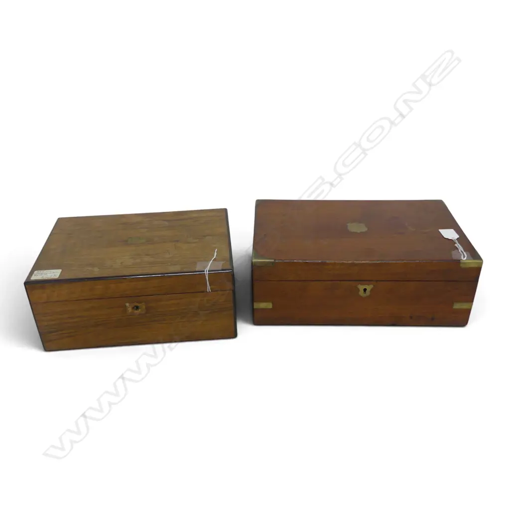 2 ANTIQUE BRASS BOUND WRITING BOXES both w. faults W.350mm Image 1++