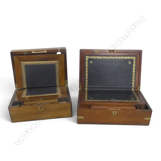2 ANTIQUE BRASS BOUND WRITING BOXES both w. faults W.350mm