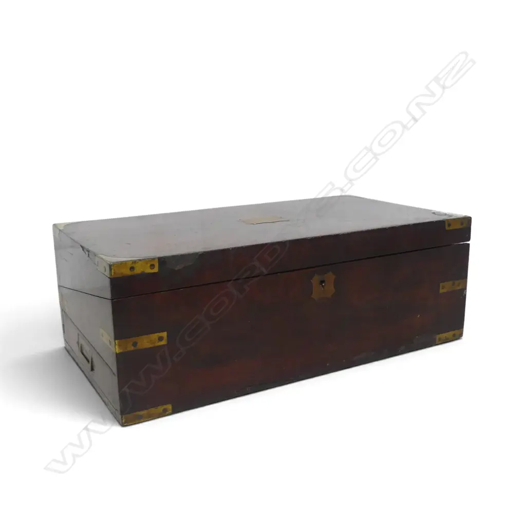 VICTORIAN MAHOGANY BRASS BOUND WRITING SLOPE w. inkwells & fitted interior 455x255x160mm Image 1++